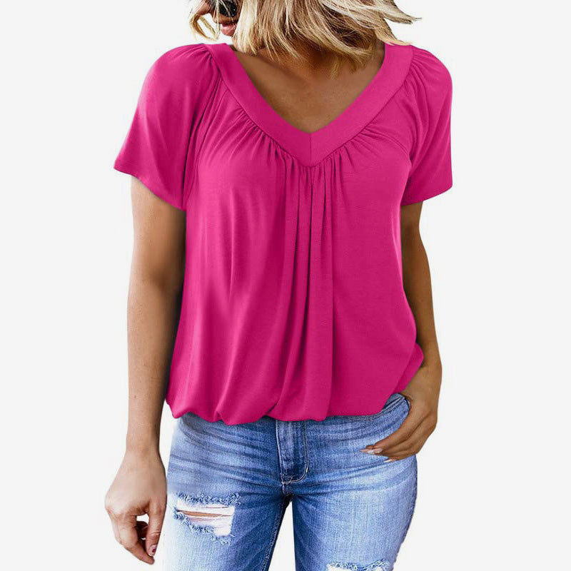 T-shirt da donna con scollo a V e maniche corte a pieghe