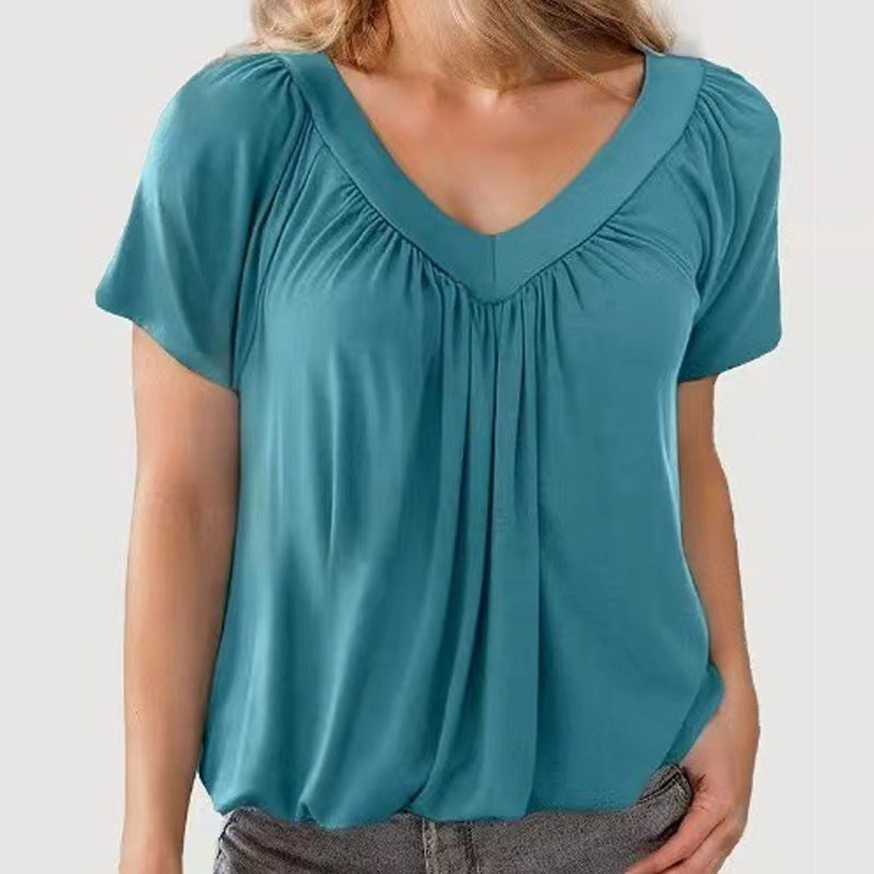 T-shirt da donna con scollo a V e maniche corte a pieghe