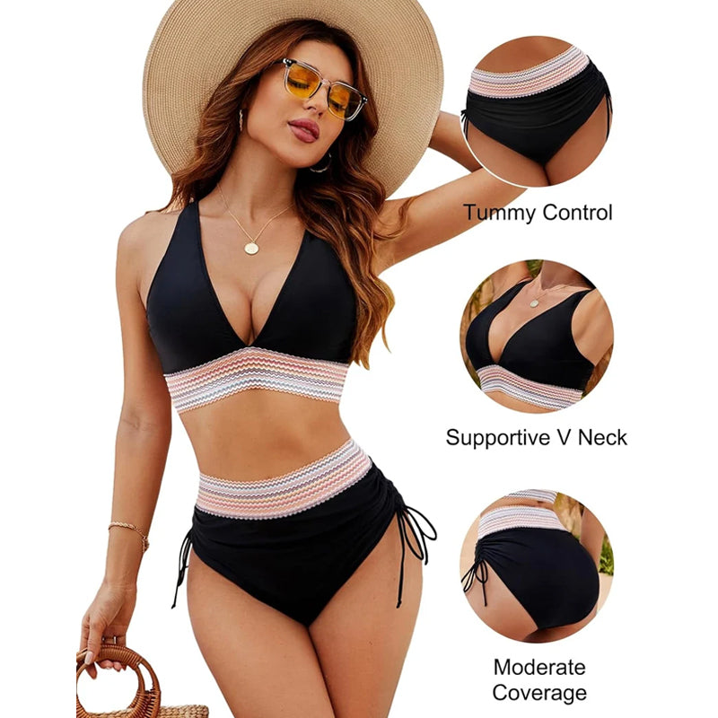 Set bikini a blocchi di colore con chiusura a vita alta e controllo della pancia - Set bikini a blocchi di colore