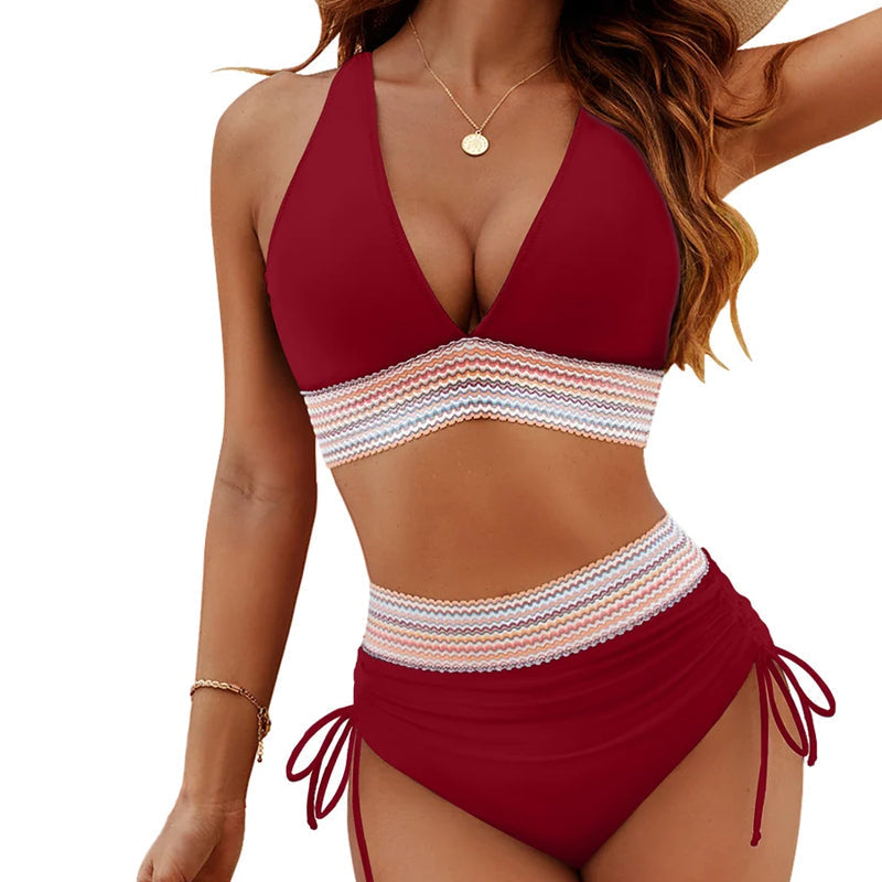 Set bikini a blocchi di colore con chiusura a vita alta e controllo della pancia - Set bikini a blocchi di colore
