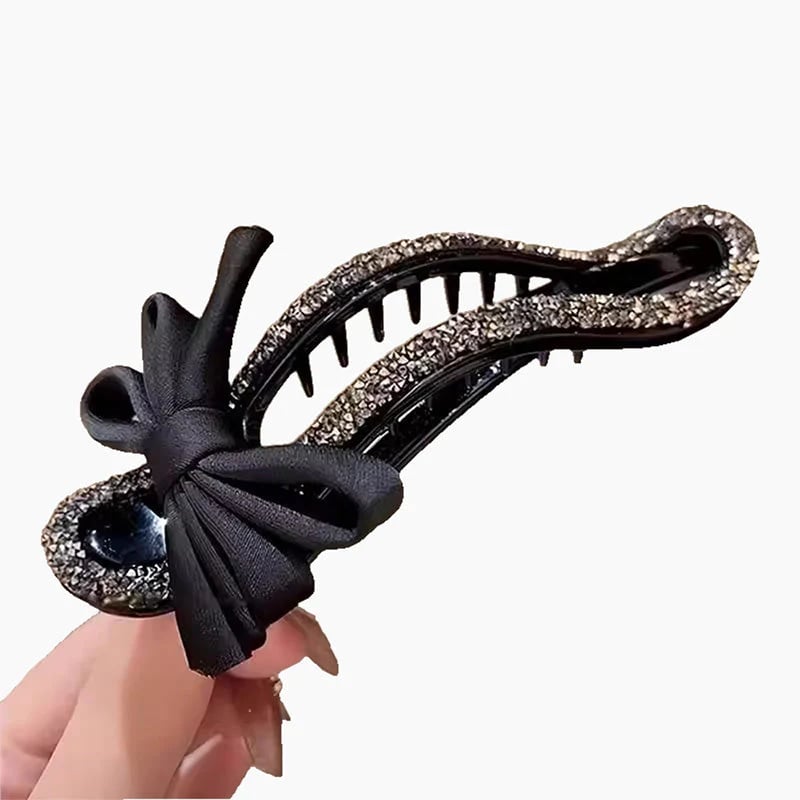 Elegante fermaglio per capelli nero con fiocco scintillante