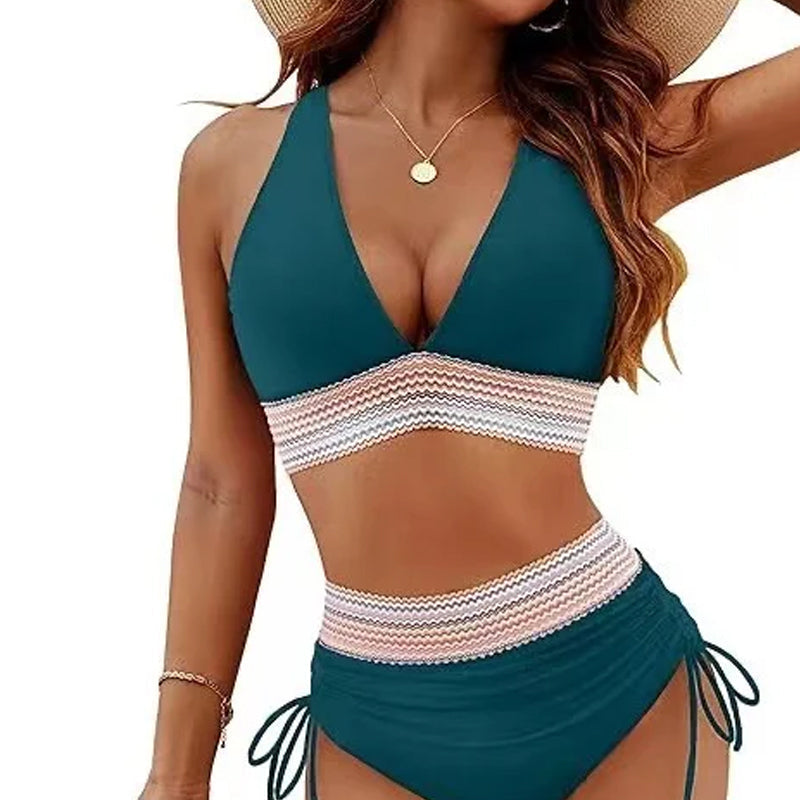 Set bikini a blocchi di colore con chiusura a vita alta e controllo della pancia - Set bikini a blocchi di colore