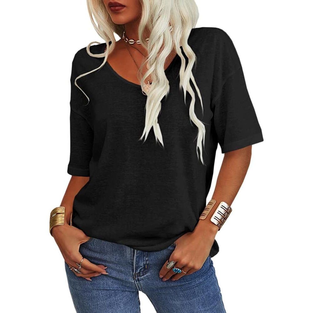 T-shirt donna tinta unita con scollo a V