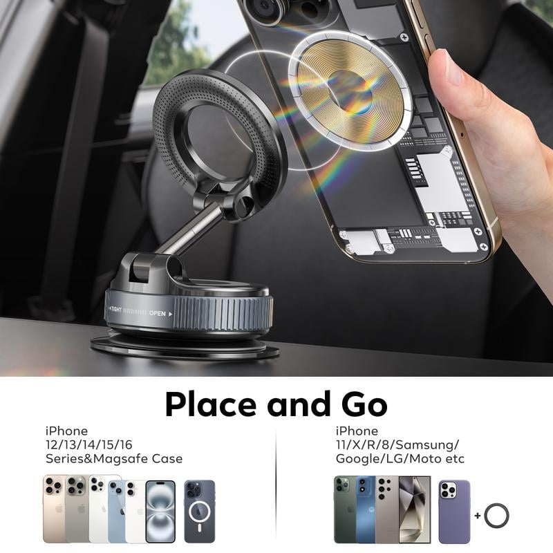 🚗📱Magnetic Phone Mount, Suction Car Phone Holder, Vacuum Phone Mount with One-Step Lock