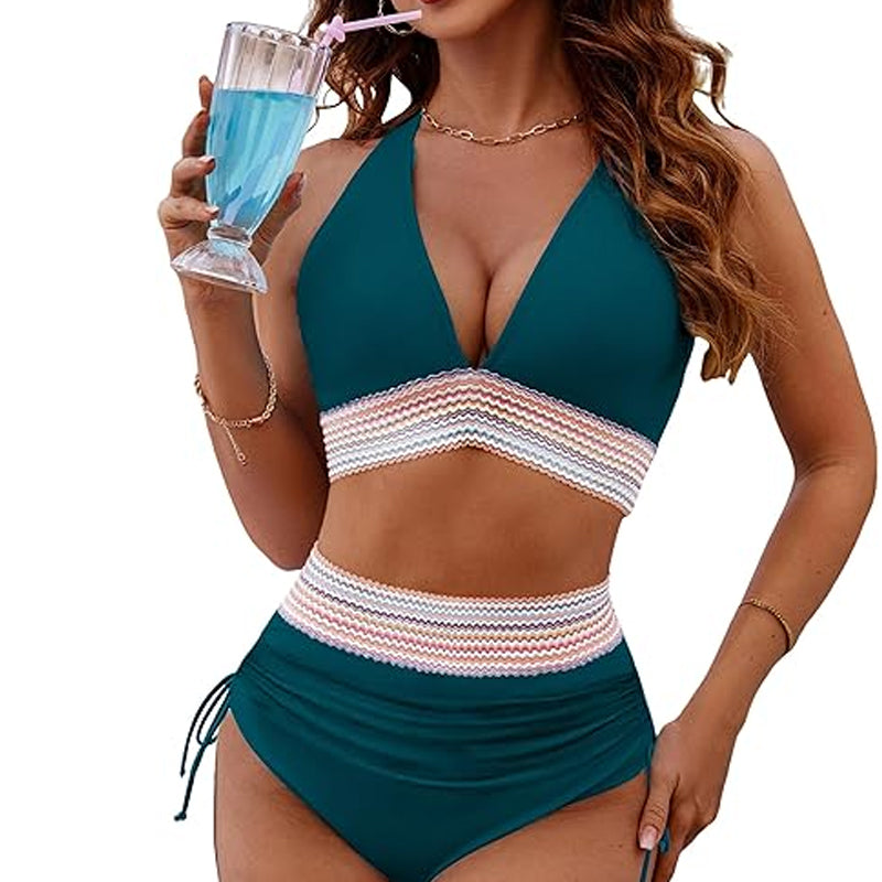Set bikini a blocchi di colore con chiusura a vita alta e controllo della pancia - Set bikini a blocchi di colore