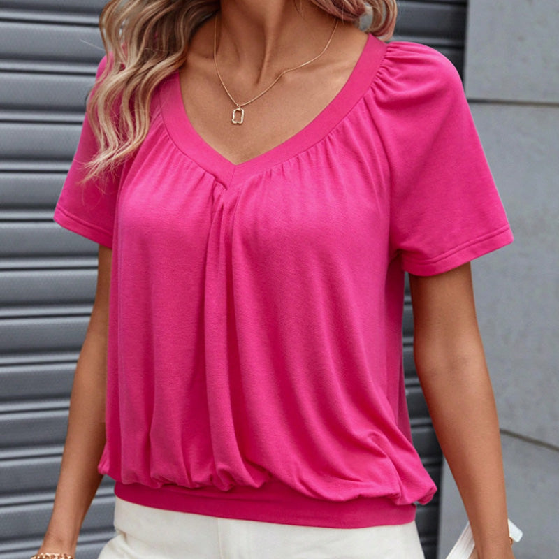 T-shirt da donna con scollo a V e maniche corte a pieghe