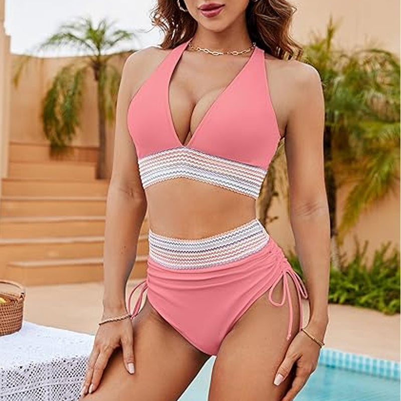 Set bikini a blocchi di colore con chiusura a vita alta e controllo della pancia - Set bikini a blocchi di colore
