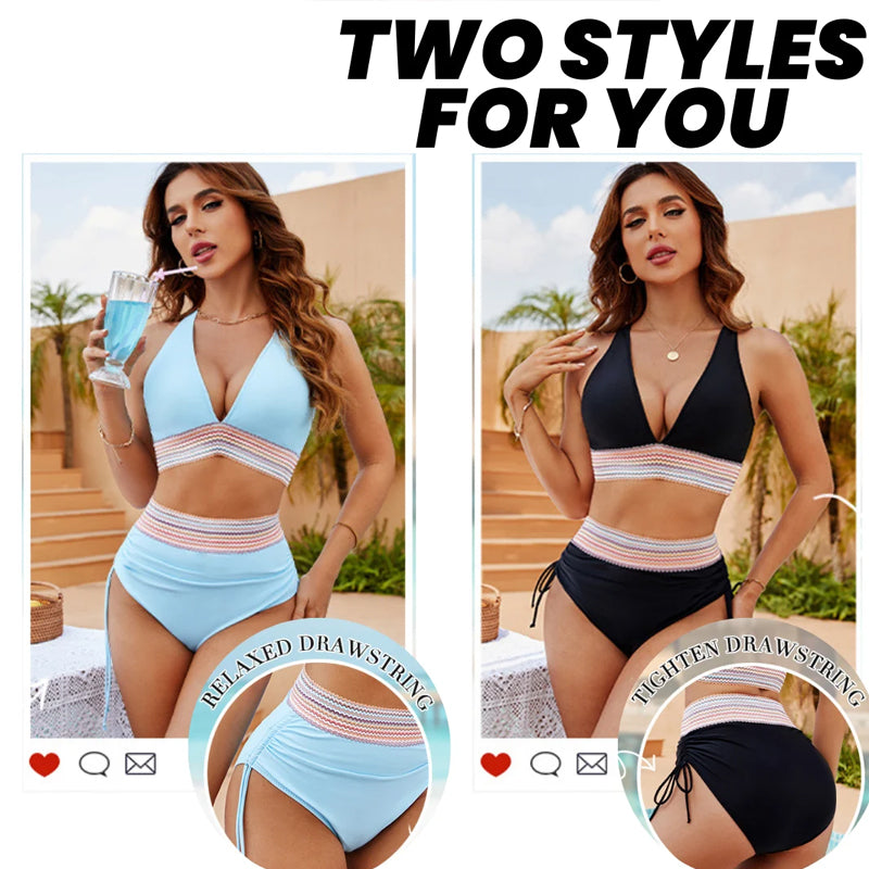 Set bikini a blocchi di colore con chiusura a vita alta e controllo della pancia - Set bikini a blocchi di colore