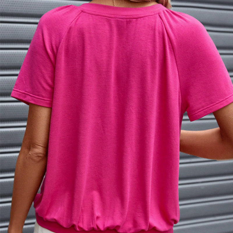 T-shirt da donna con scollo a V e maniche corte a pieghe
