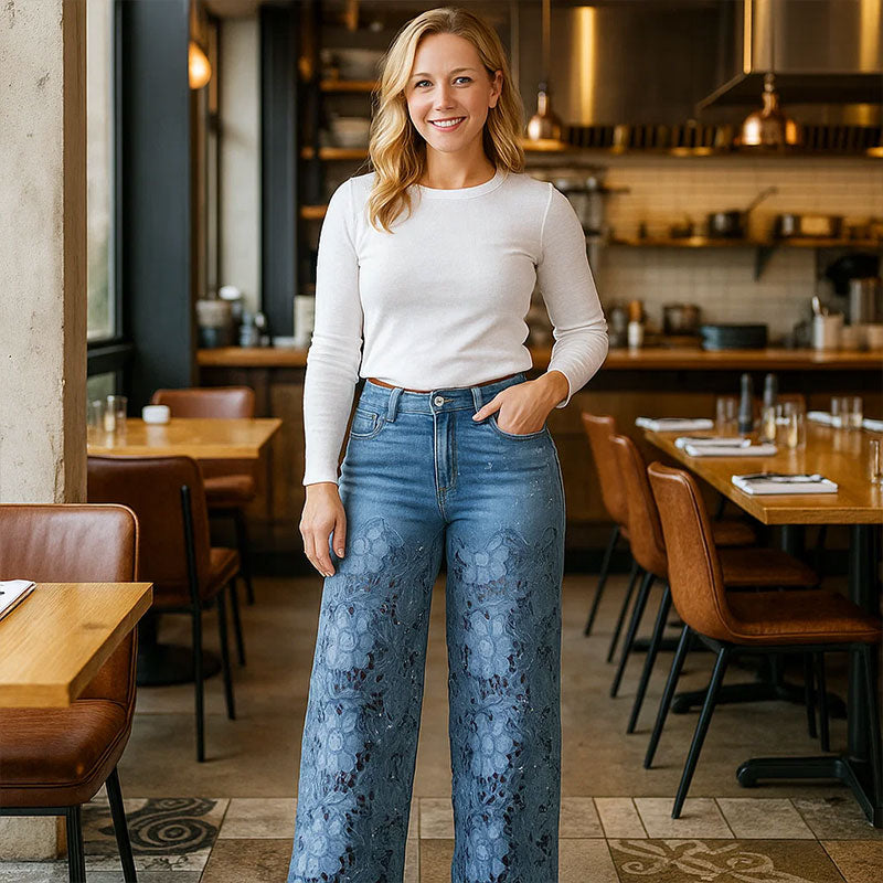Jeans donna traspiranti con ritaglio a gamba larga