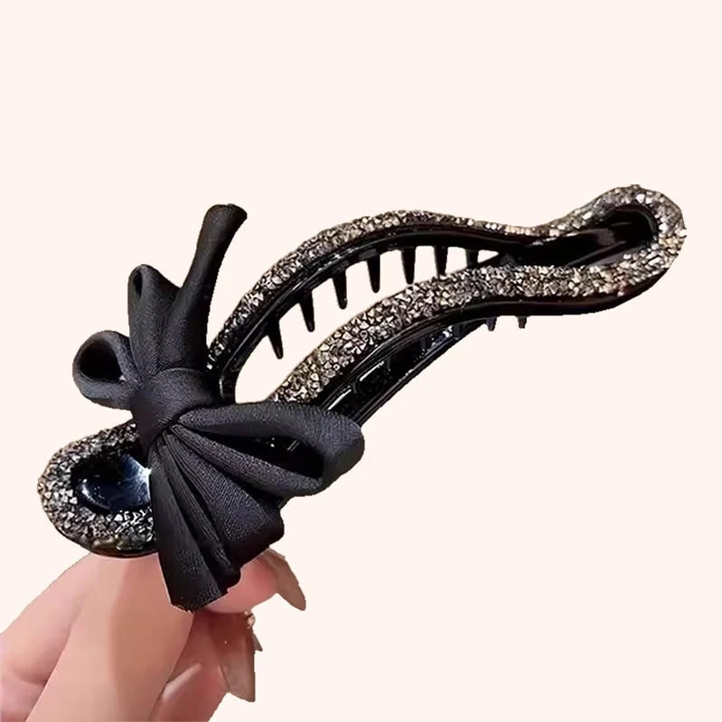 Elegante fermaglio per capelli nero con fiocco scintillante