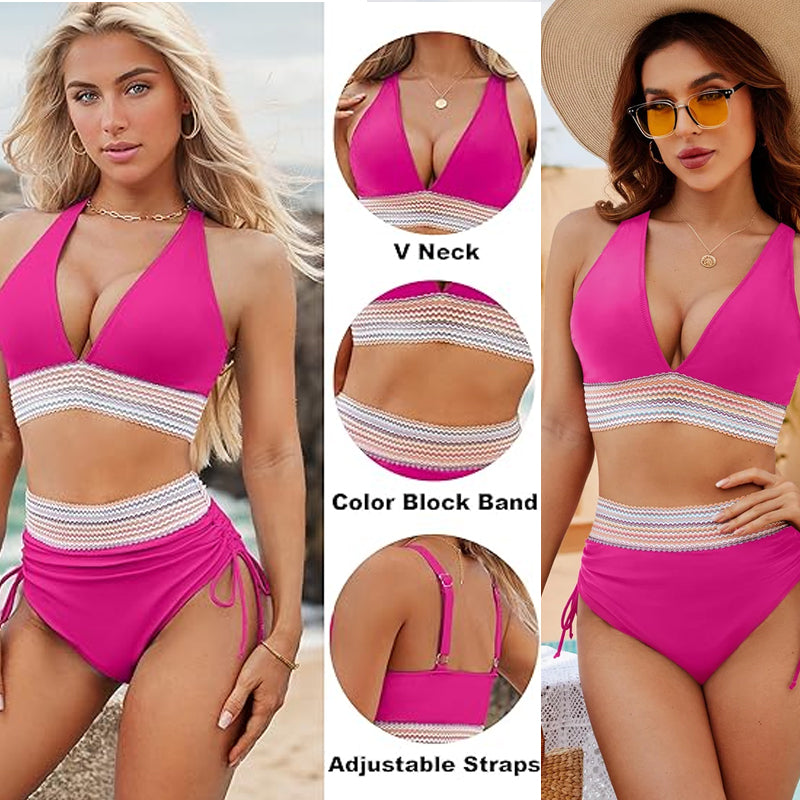 Set bikini a blocchi di colore con chiusura a vita alta e controllo della pancia - Set bikini a blocchi di colore