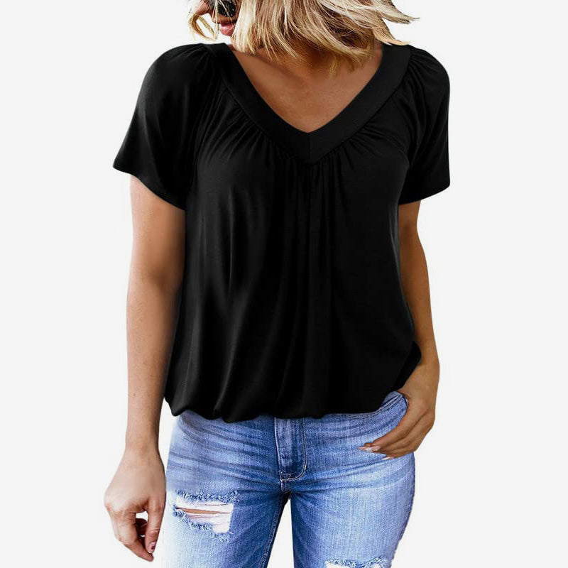 T-shirt da donna con scollo a V e maniche corte a pieghe