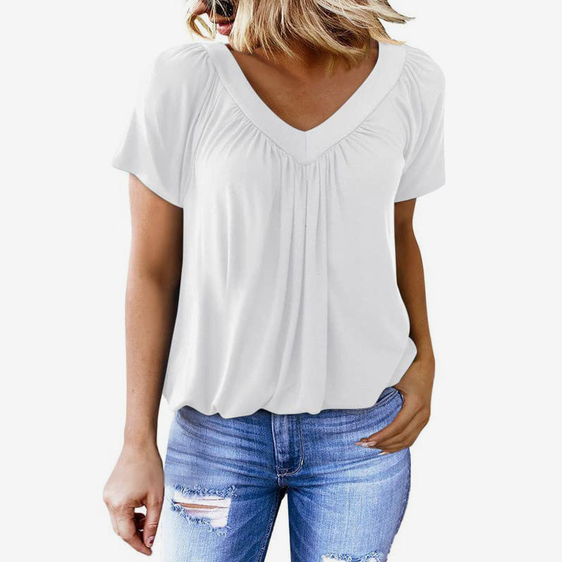 T-shirt da donna con scollo a V e maniche corte a pieghe