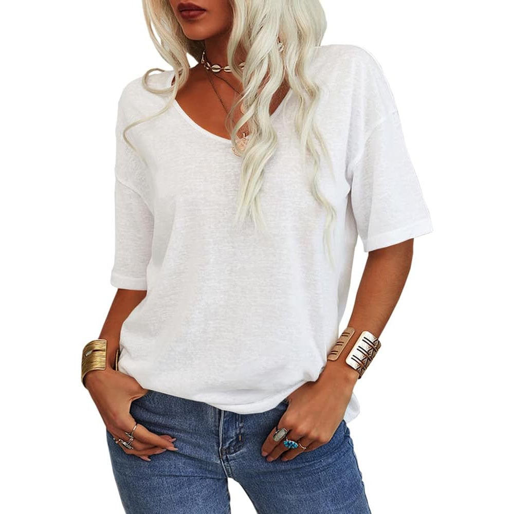 T-shirt donna tinta unita con scollo a V
