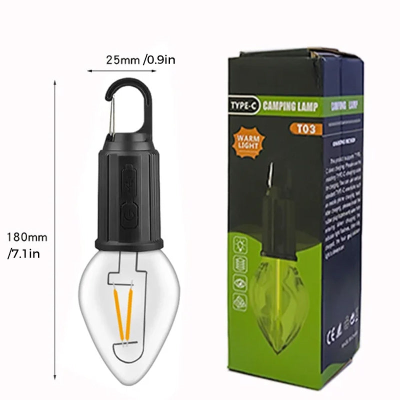 Lampada da campeggio all'aperto appesa con ricarica Type-C a lampadina retrò