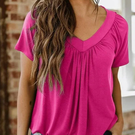 T-shirt da donna con scollo a V e maniche corte a pieghe