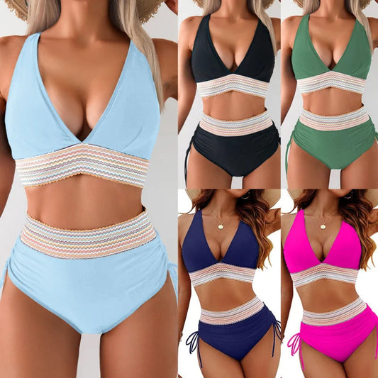 Set bikini a blocchi di colore con chiusura a vita alta e controllo della pancia - Set bikini a blocchi di colore