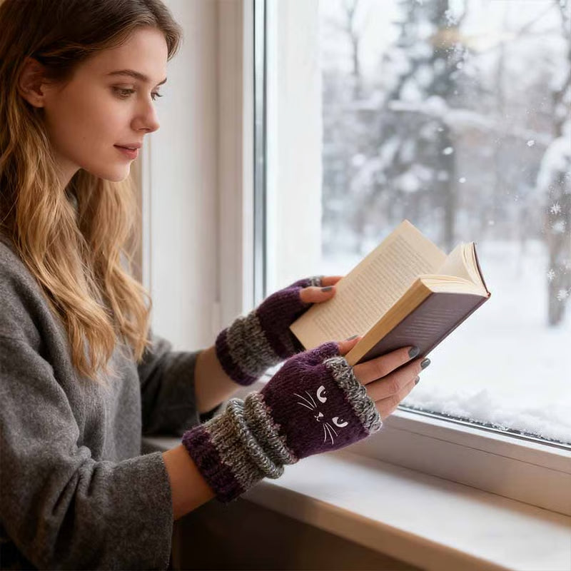 🎁Promozione dell'ultimo giorno 49% DI SCONTO🐱 Guanti da donna in maglia con gattini — Per mani calde e dita libere