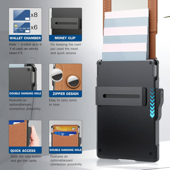 🔥✨Portafoglio da uomo - Con custodia in alluminio a scomparsa, fermasoldi, scomparti sottili in pelle, porta carte di credito, blocco RFID, portafoglio minimalista a doppia pieg