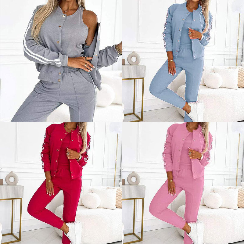 Set tre pezzi da donna con giacca e pantaloni da baseball
