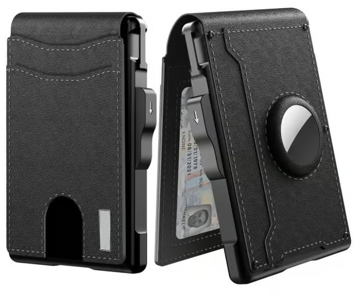 🔥✨Portafoglio da uomo - Con custodia in alluminio a scomparsa, fermasoldi, scomparti sottili in pelle, porta carte di credito, blocco RFID, portafoglio minimalista a doppia pieg