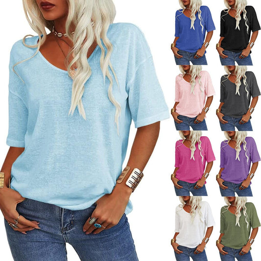 T-shirt donna tinta unita con scollo a V