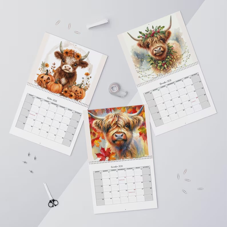 🐮Calendario Highland Cow 2026 – Decorazione rustica da parete per la casa di campagna e agenda mensile📅