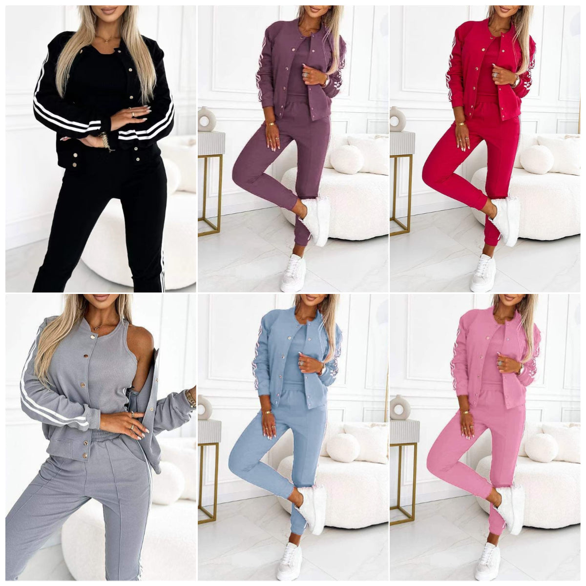 Set tre pezzi da donna con giacca e pantaloni da baseball