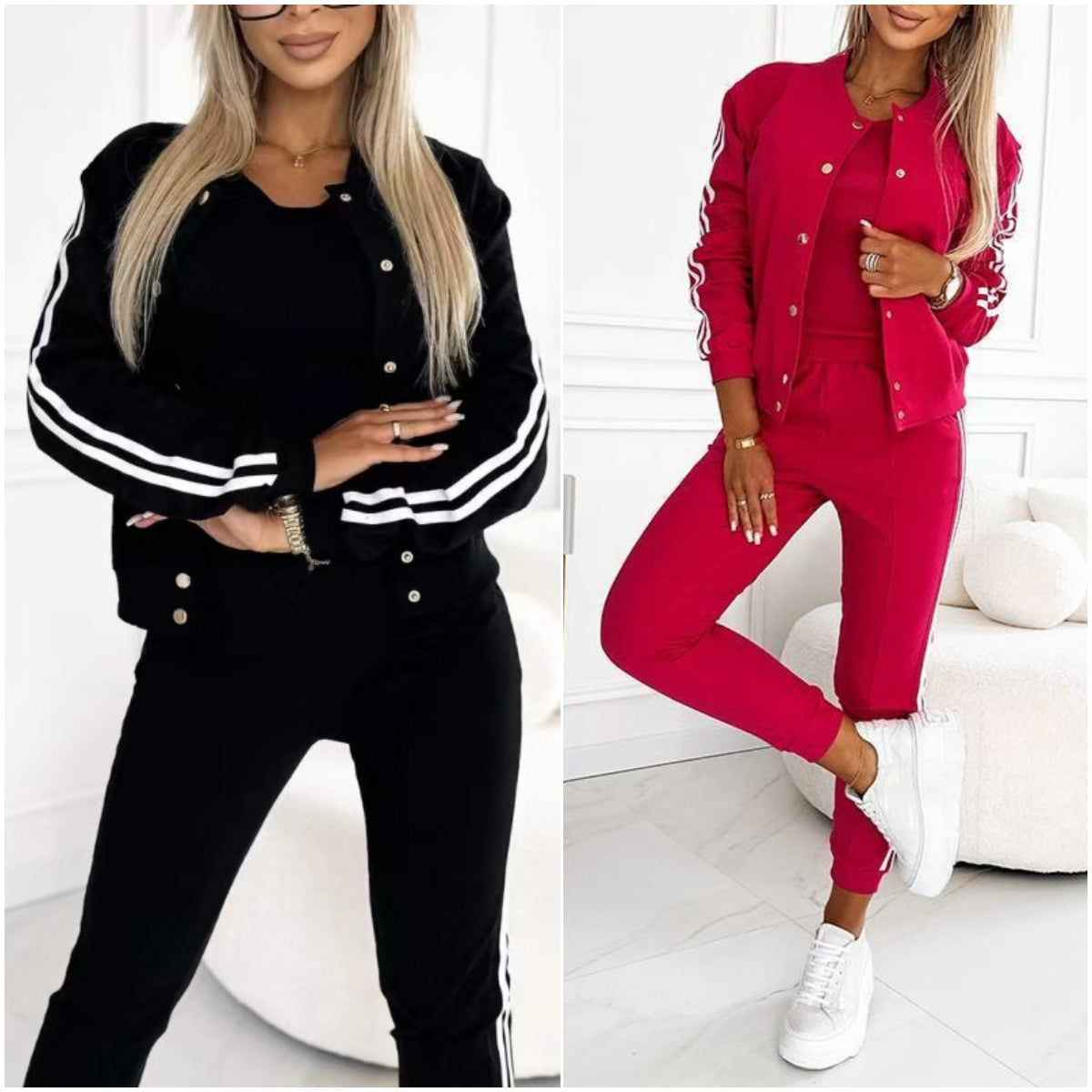 Set tre pezzi da donna con giacca e pantaloni da baseball