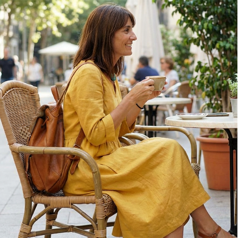 Abito casual con scollo a V in cotone e lino – Maniche a 3/4, con cerniera laterale👗